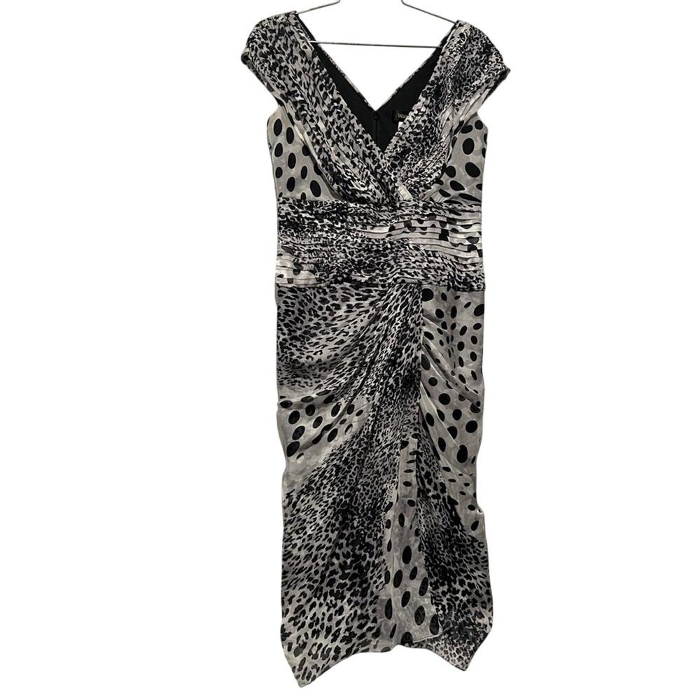 Tadashi Shoji Silk Black and Gray Polka Dot Moon Animal print Midi Dress